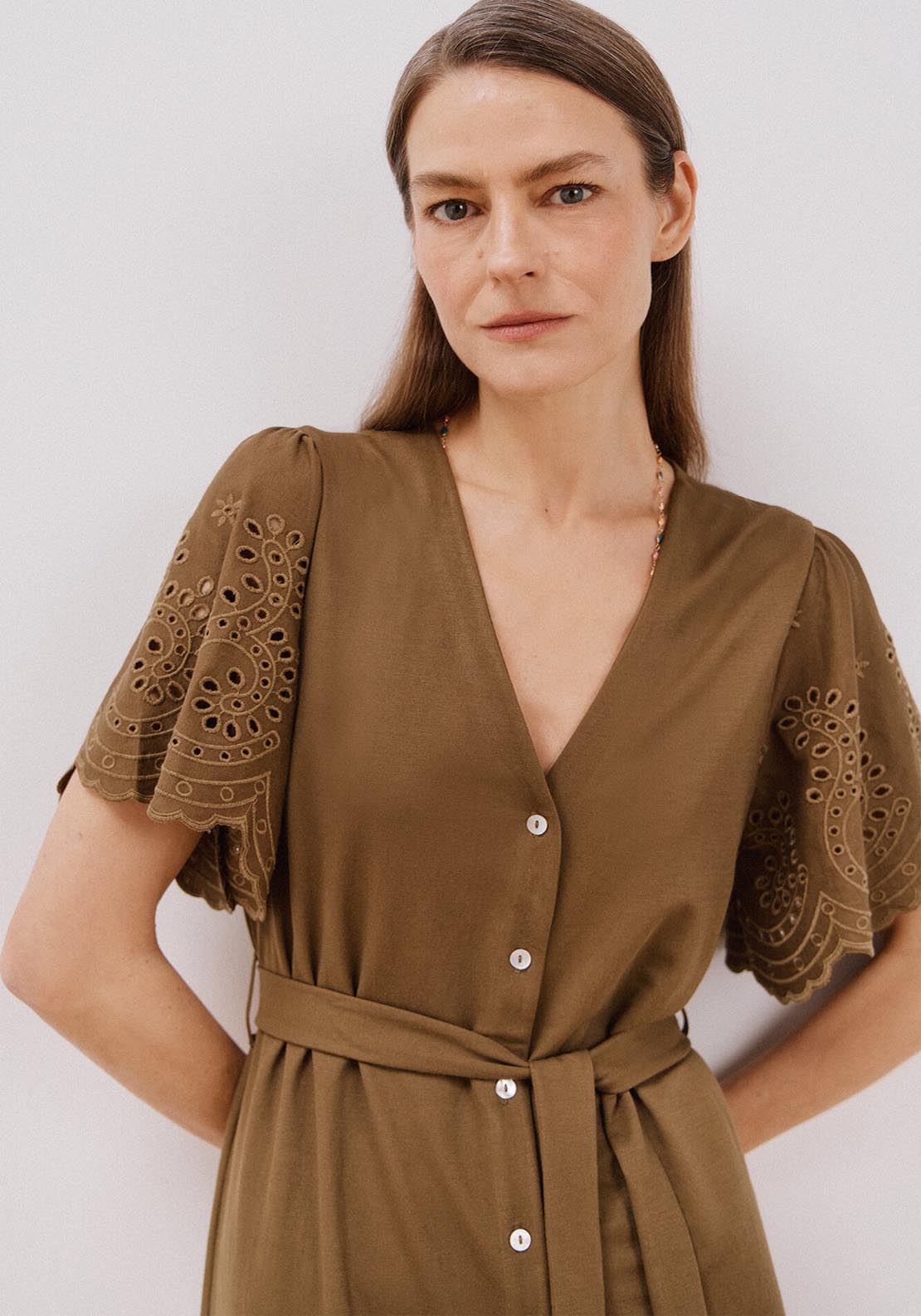 Cortefiel Embroidered Dress With Sleeves - Light Khaki 2 Shaws Department Stores