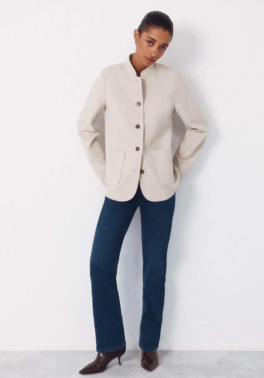 Jacket With Mandarin Collar - Cream