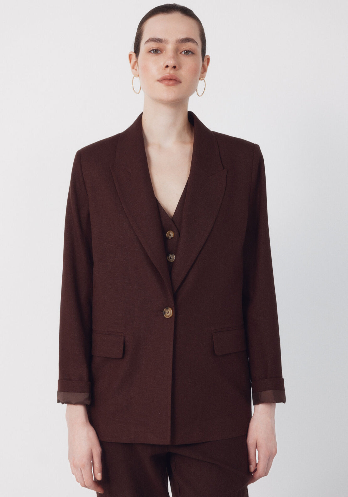 Fabric With Linen Blazer - Dark Brown