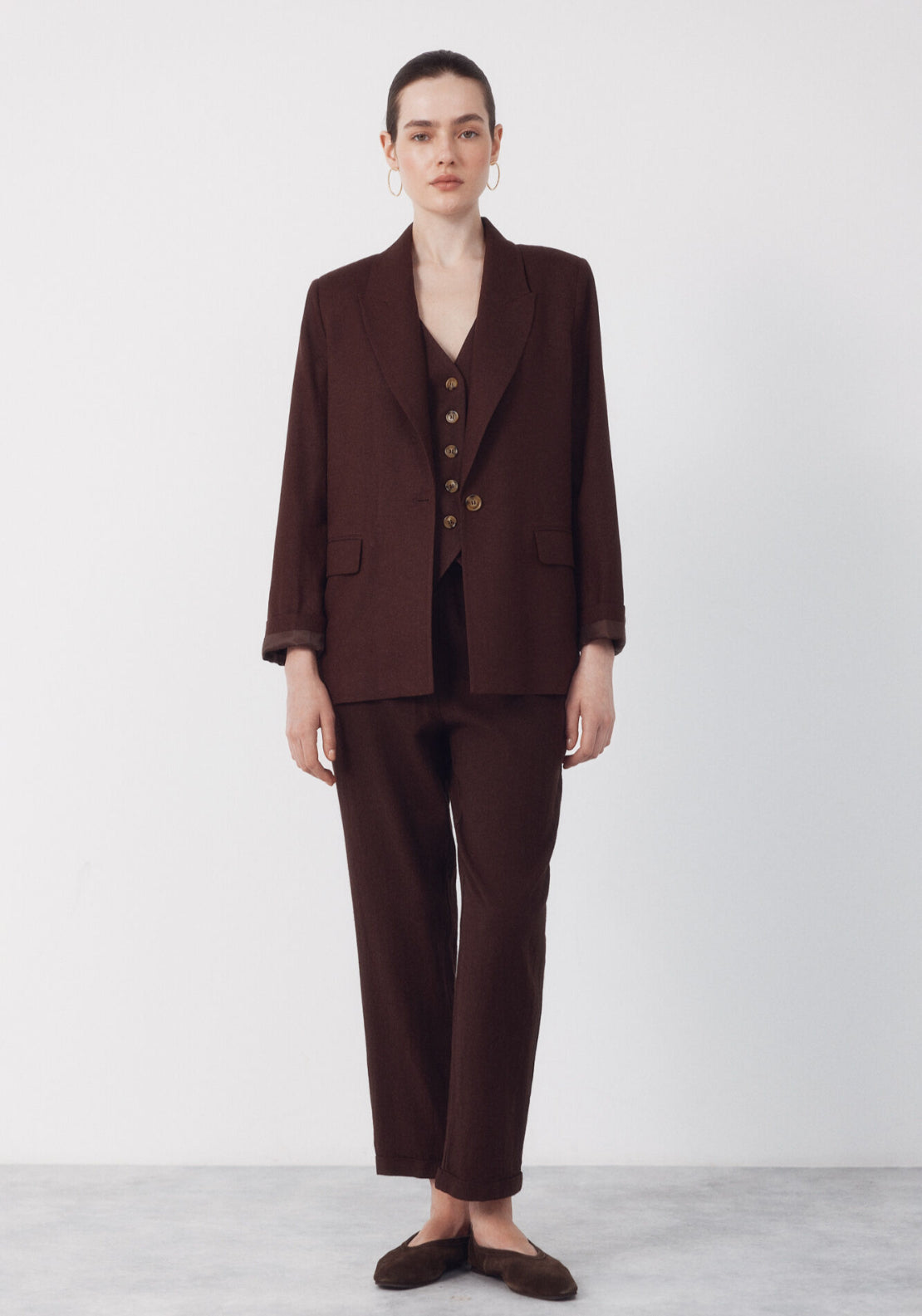 Fabric With Linen Blazer - Dark Brown
