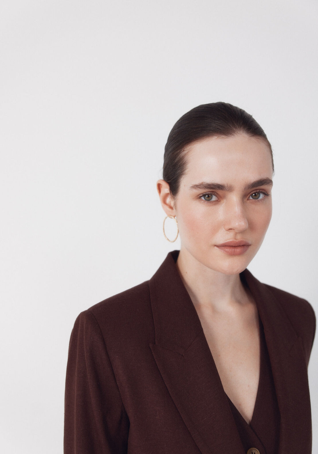 Fabric With Linen Blazer - Dark Brown
