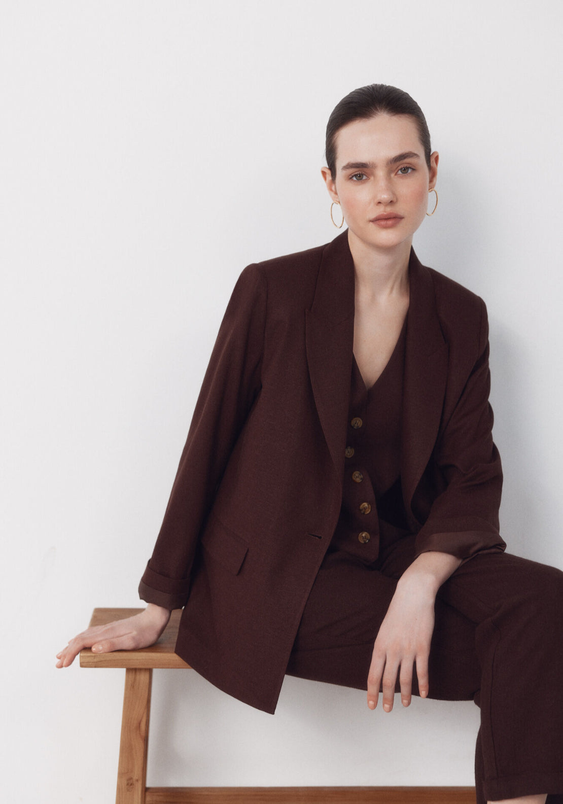 Fabric With Linen Blazer - Dark Brown