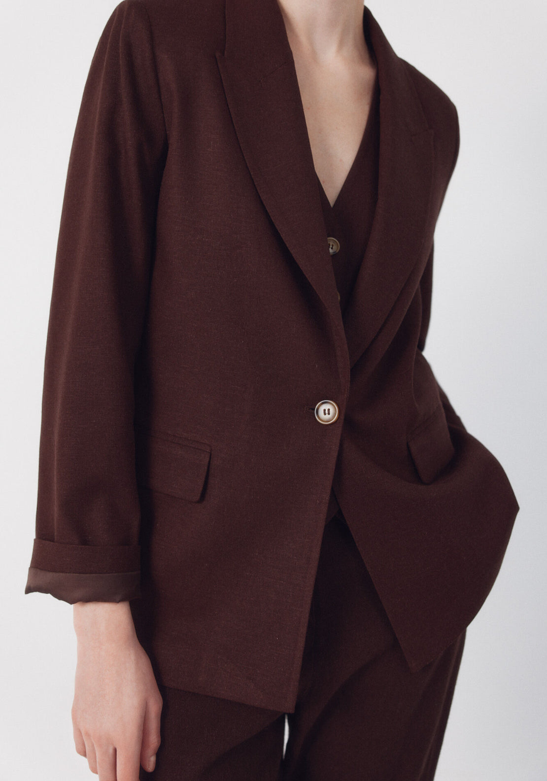 Fabric With Linen Blazer - Dark Brown