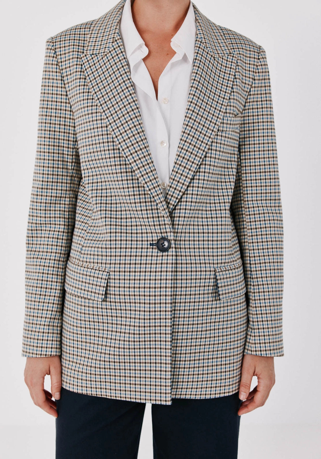 Checked Fabric Blazer With Pokets - Blue Print