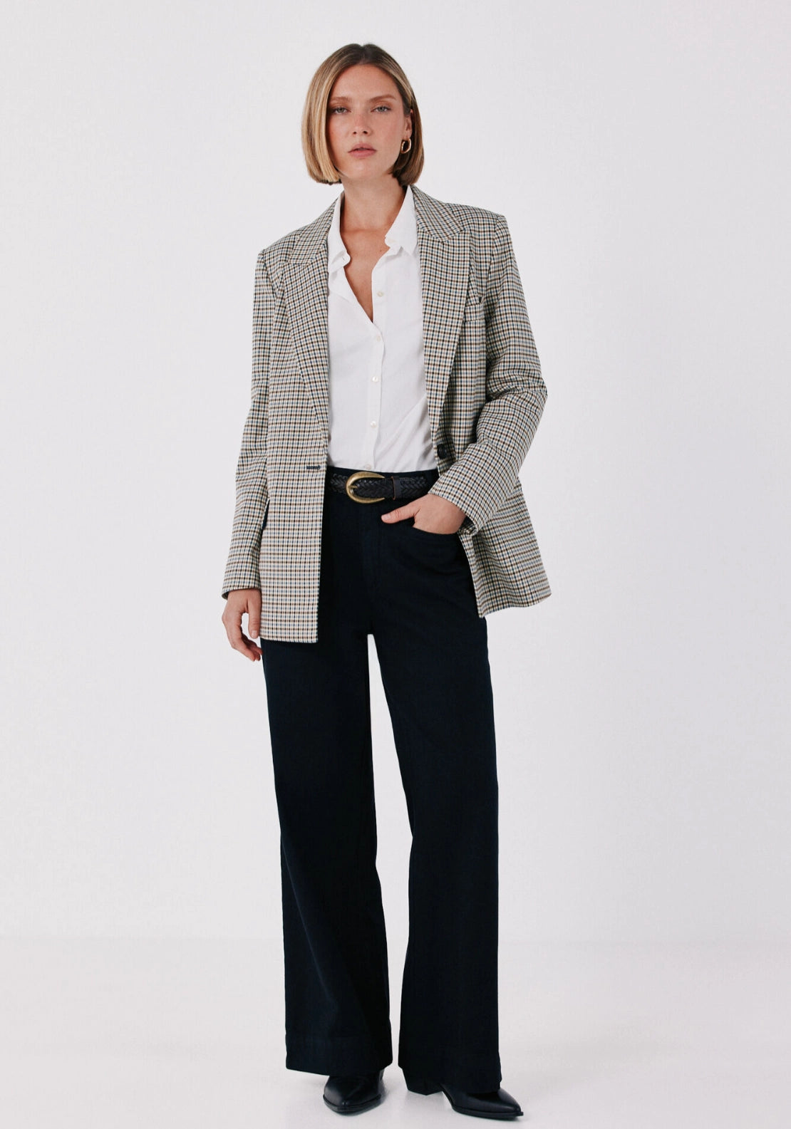 Checked Fabric Blazer With Pokets - Blue Print