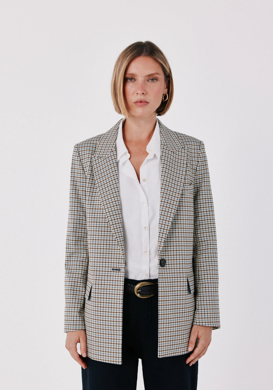 Checked Fabric Blazer With Pokets - Blue Print