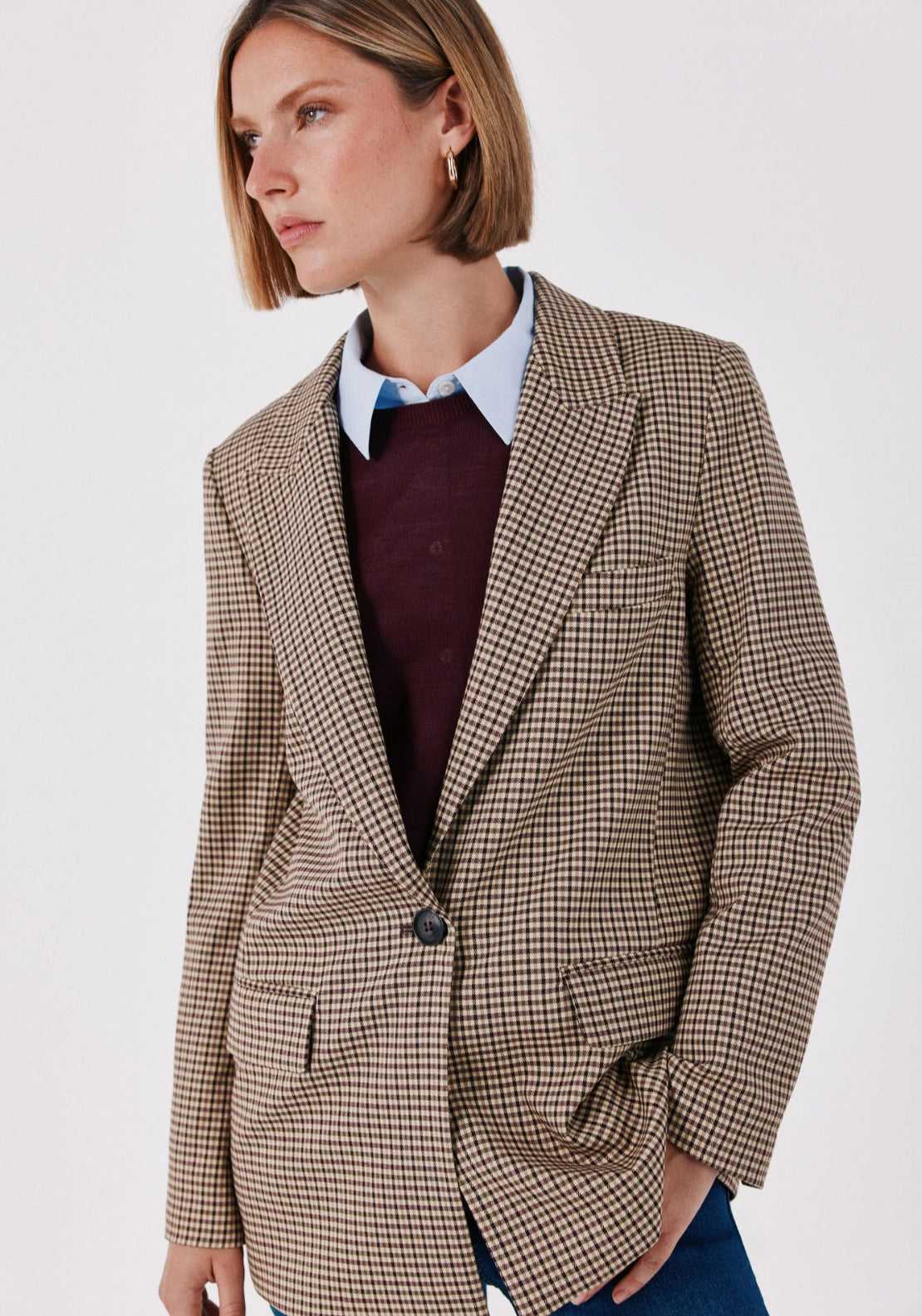 Checked Fabric Blazer With Pokets - Maroon