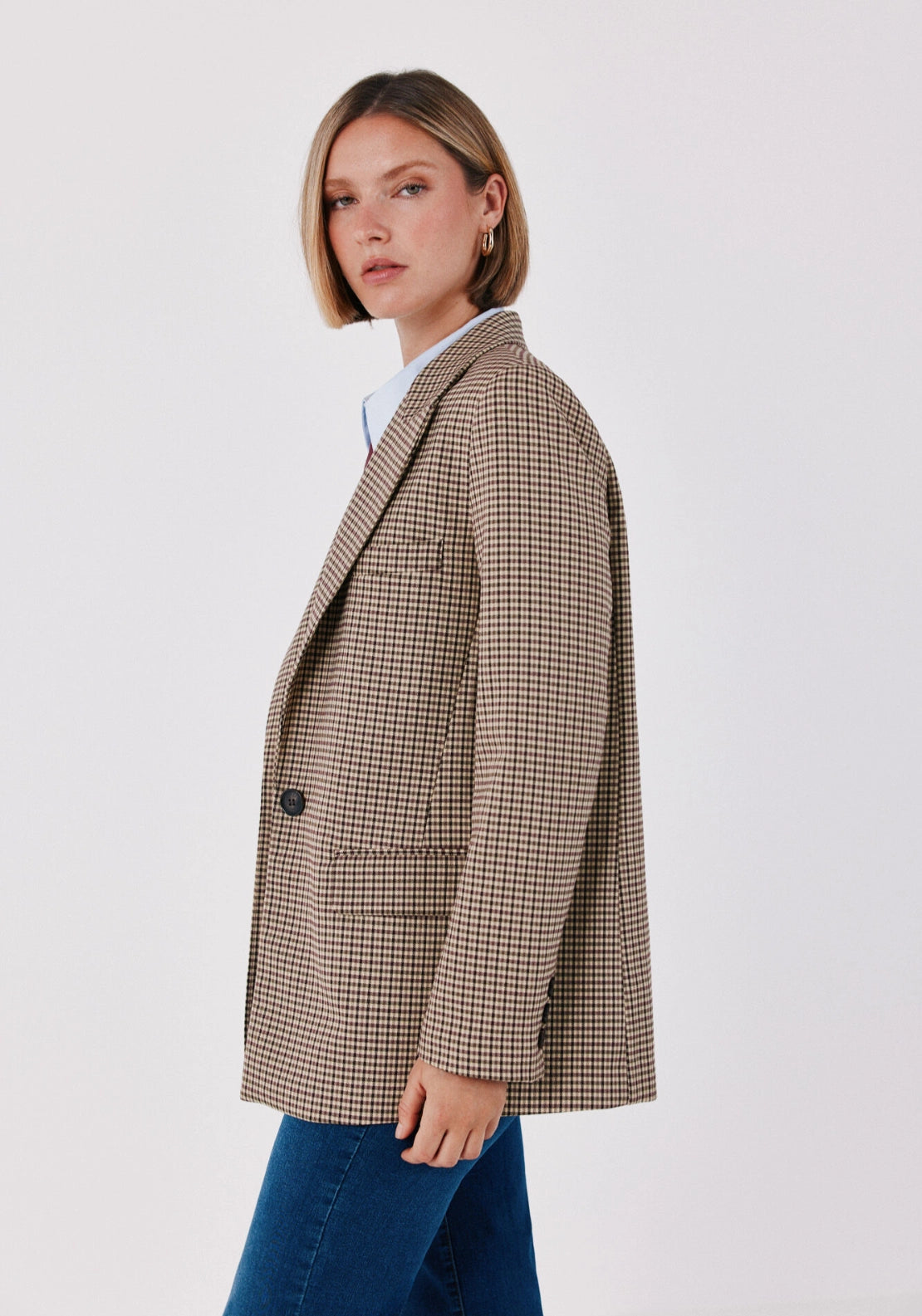 Checked Fabric Blazer With Pokets - Maroon