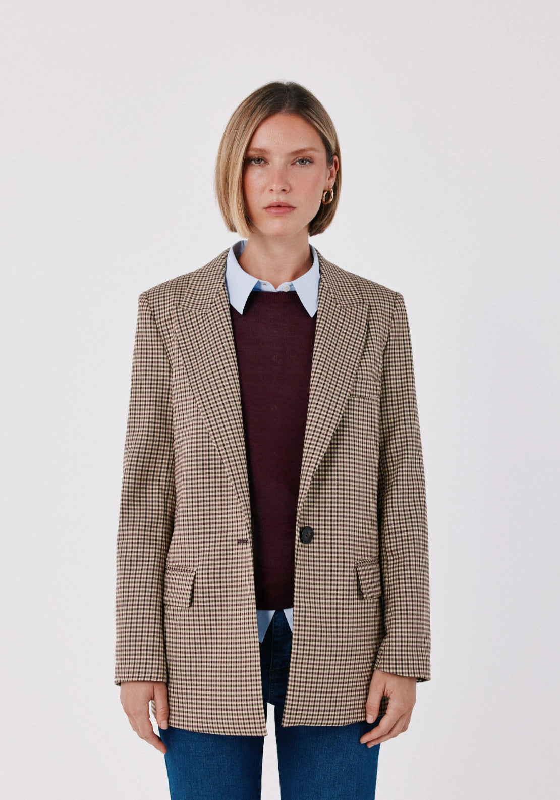 Checked Fabric Blazer With Pokets - Maroon