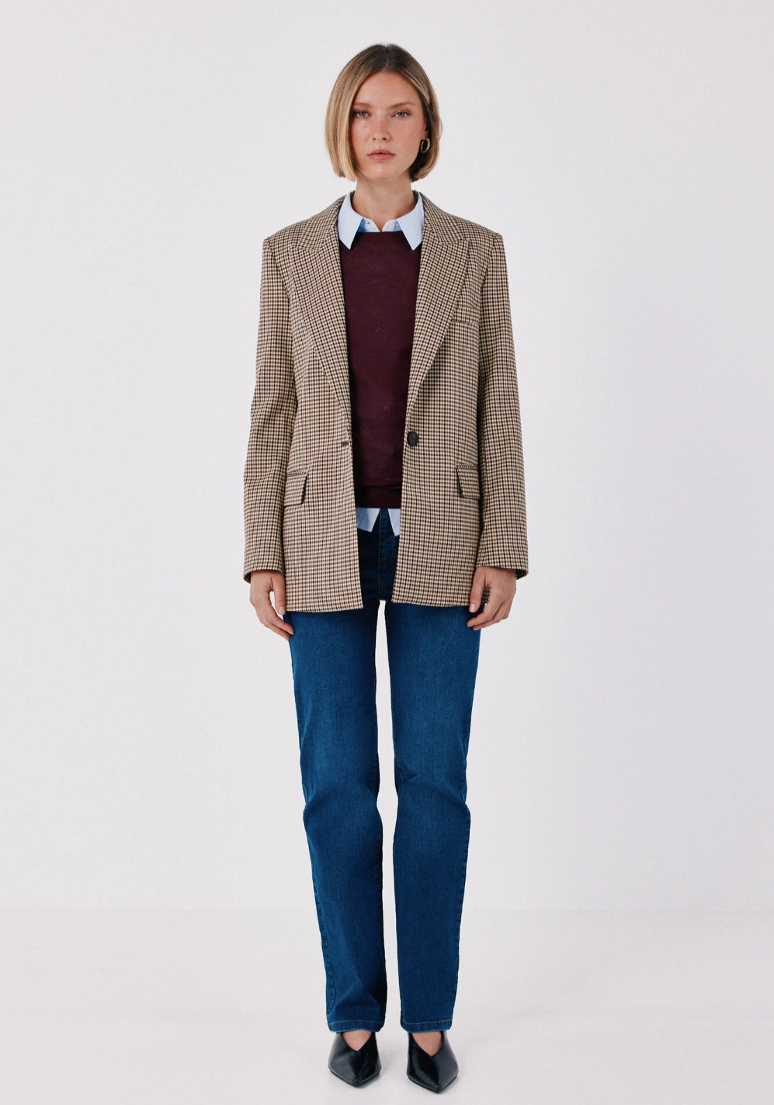 Checked Fabric Blazer With Pokets - Maroon