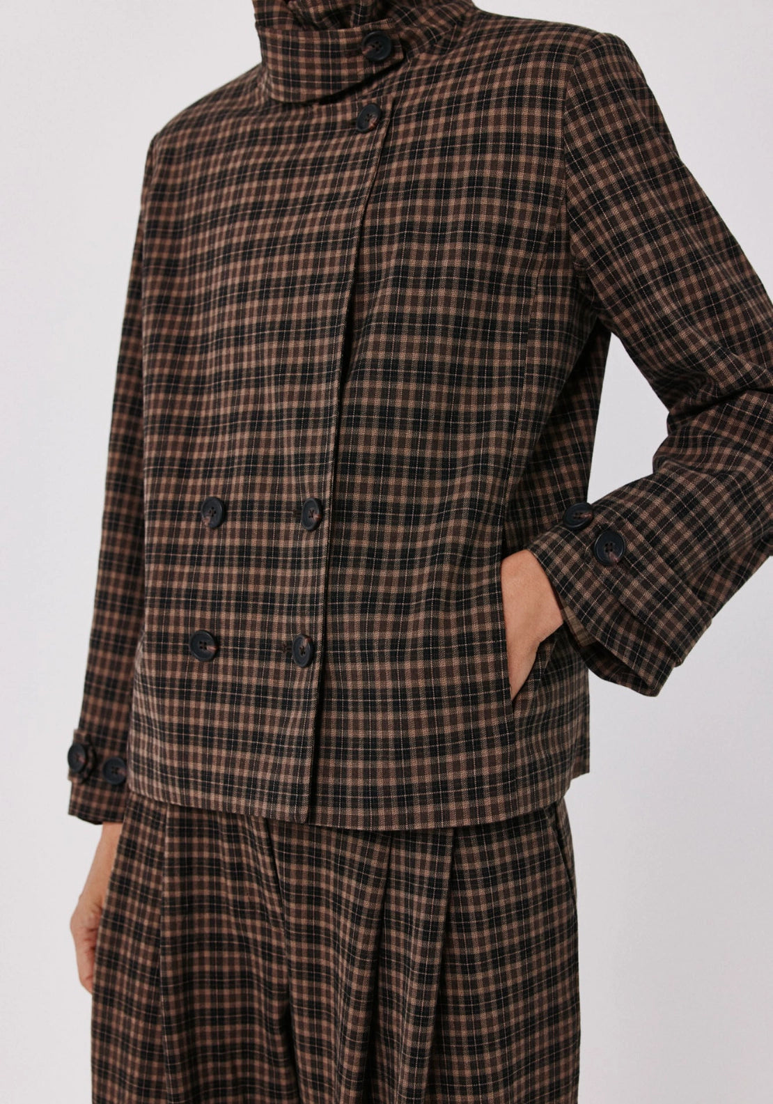 Plaid Stand Collar Jacket - Brown Print