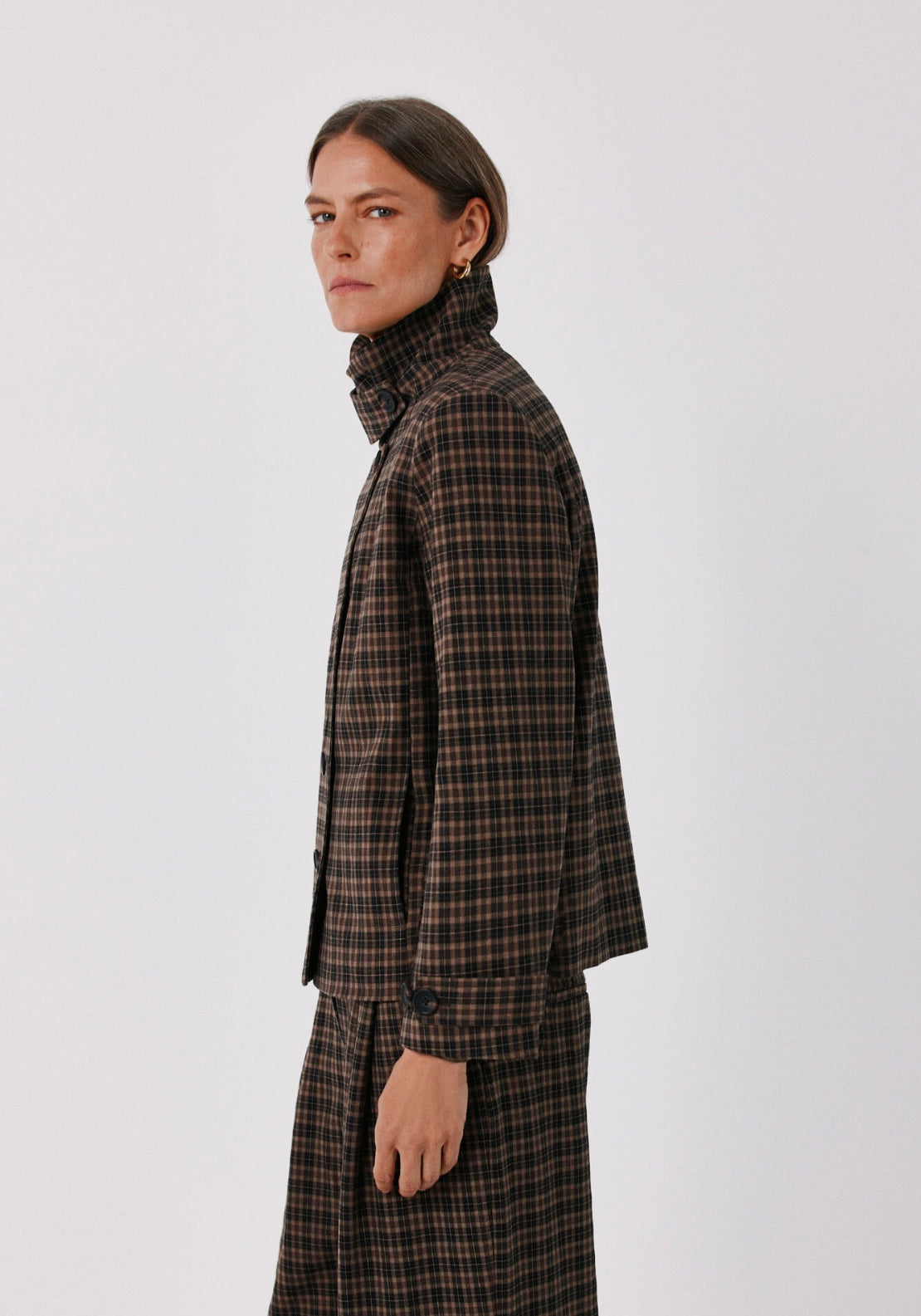 Plaid Stand Collar Jacket - Brown Print