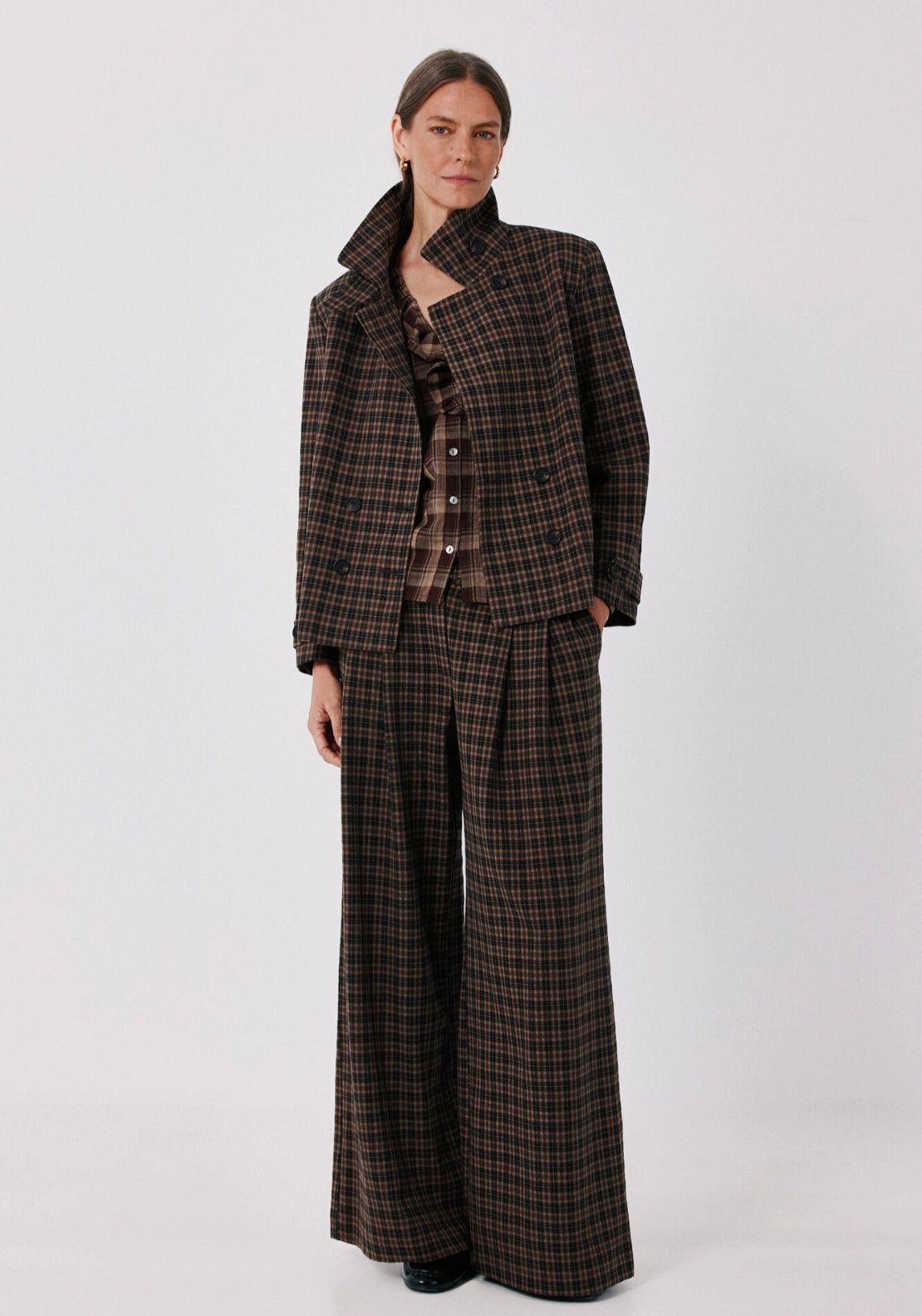 Plaid Stand Collar Jacket - Brown Print