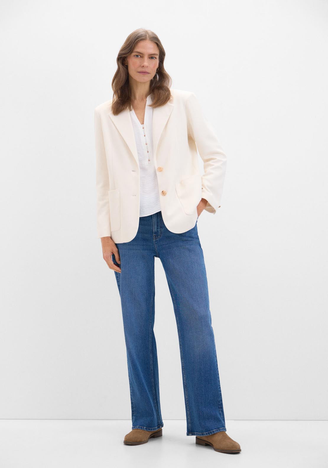 Cortefiel Piqué-Knit Blazer - Ivory 2 Shaws Department Stores