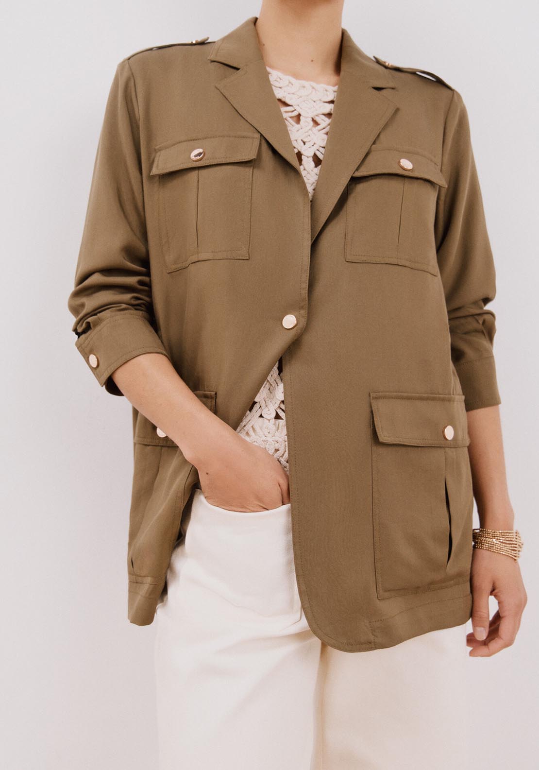 Cortefiel Safari Style Jacket - Dark Khaki 3 Shaws Department Stores
