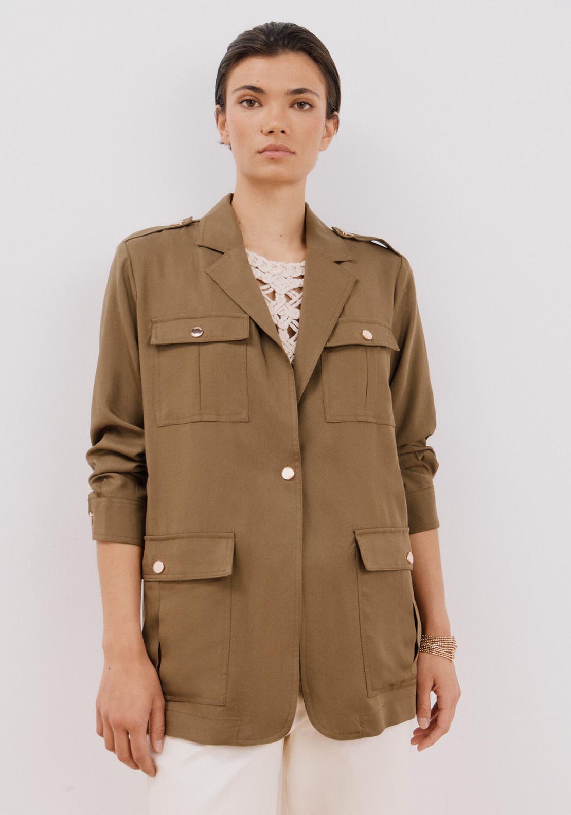 Cortefiel Safari Style Jacket - Dark Khaki 1 Shaws Department Stores
