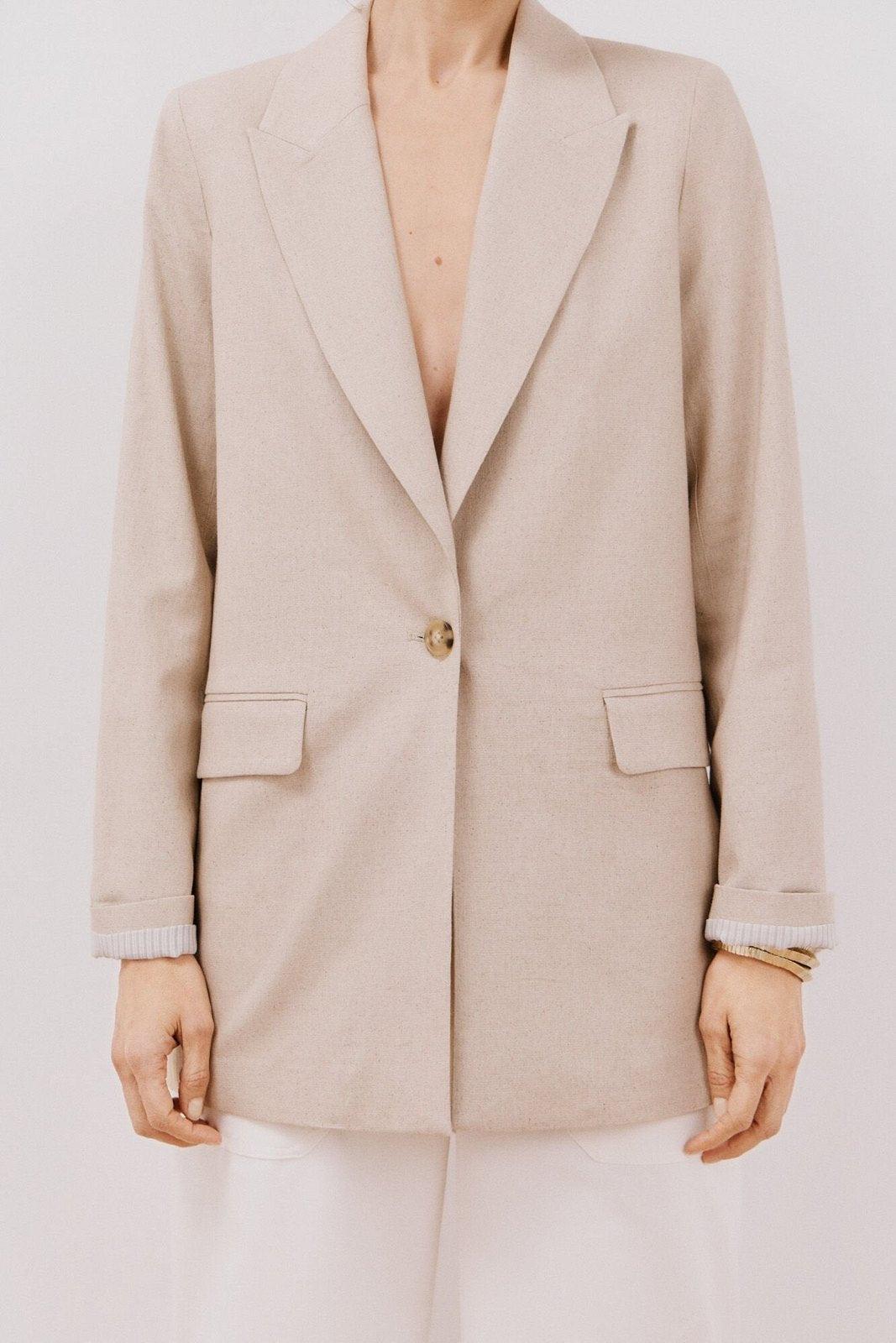 Cortefiel Long Blazer With Linen - Sand 3 Shaws Department Stores
