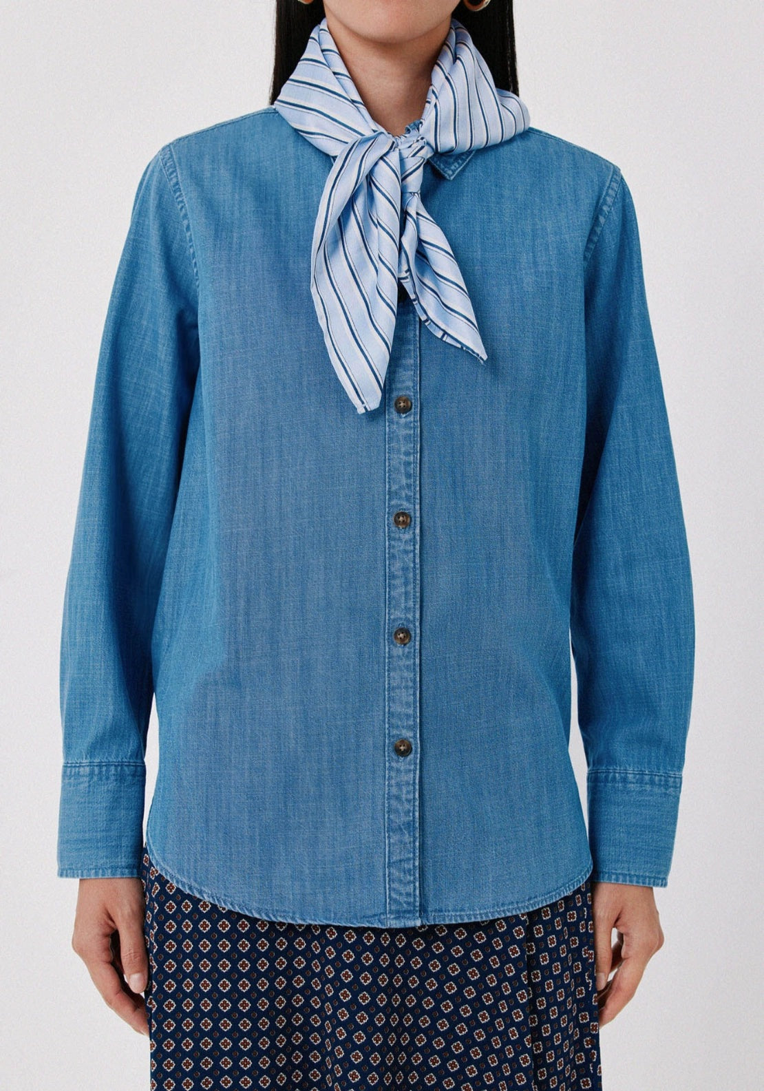 Chambray Style Denim Scarf Blouse - Medium_blue