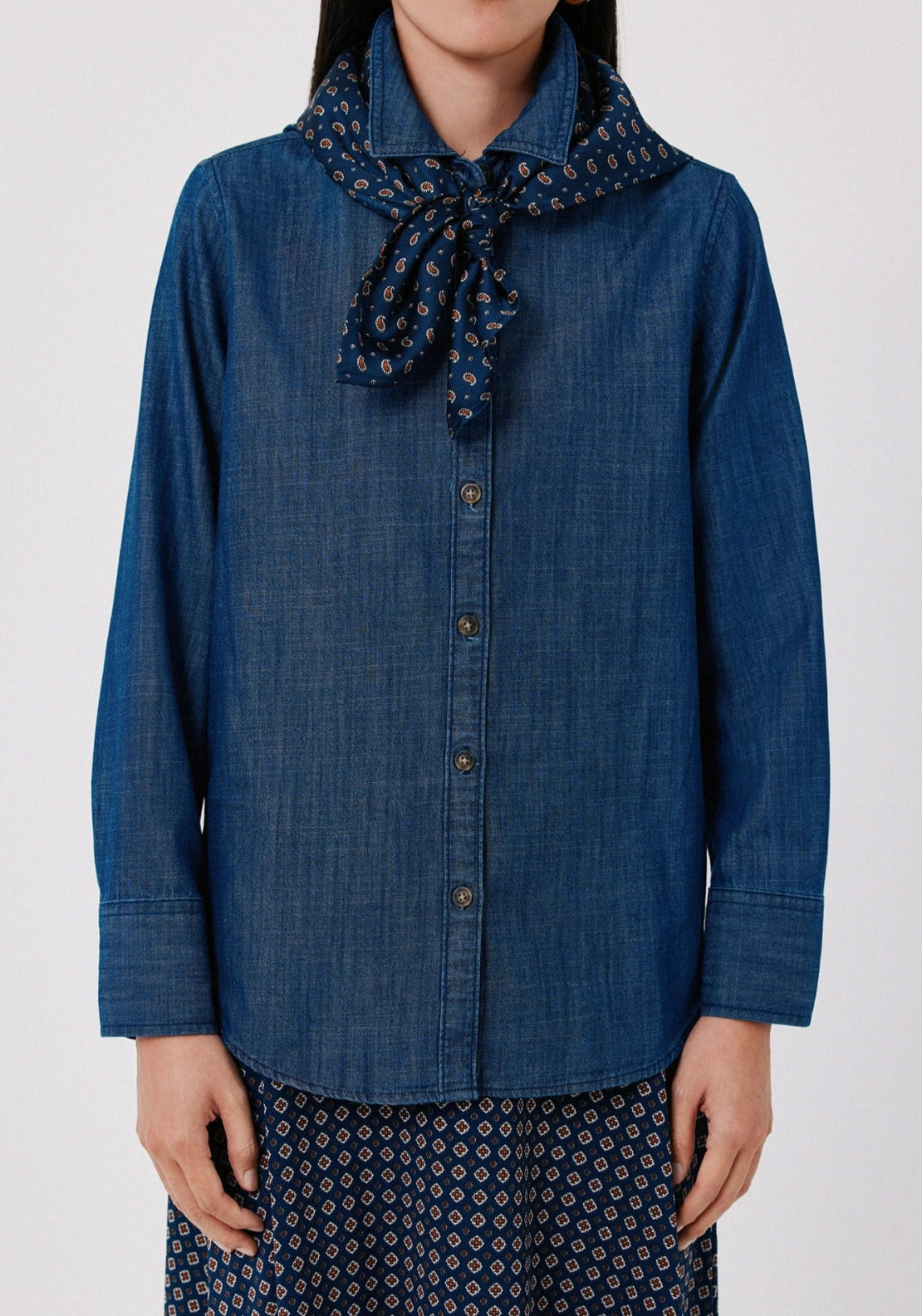 Chambray Style Denim Scarf Blouse - Medium Blue