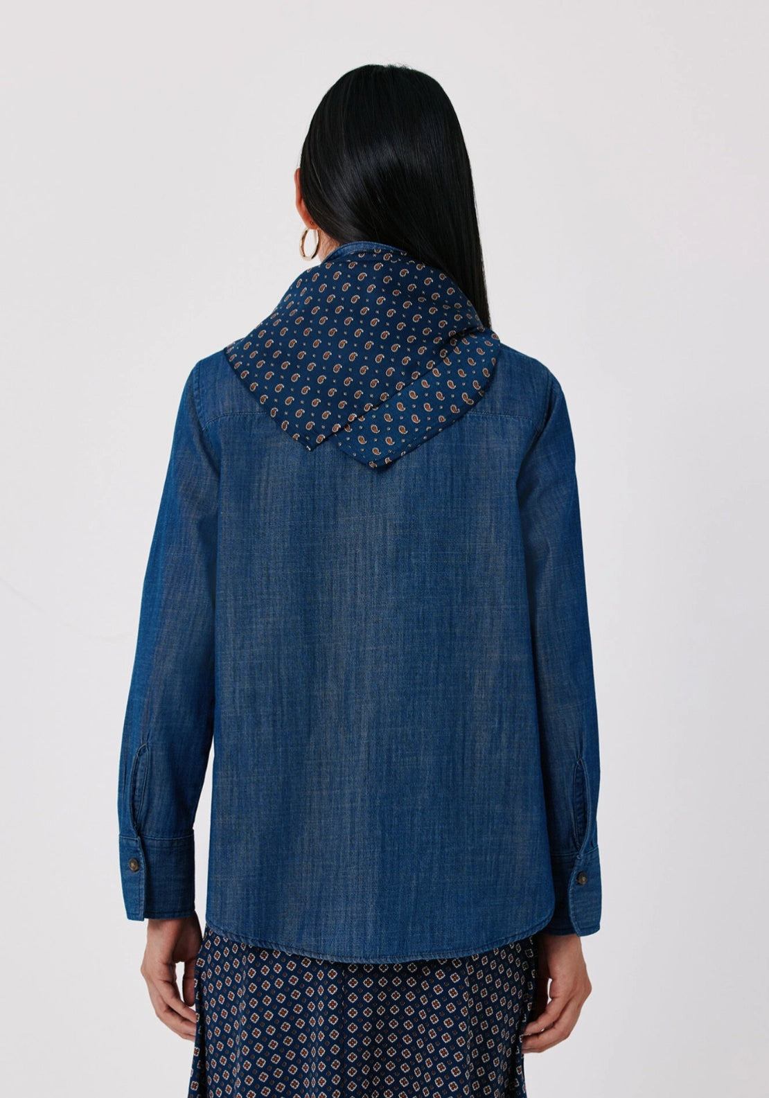 Chambray Style Denim Scarf Blouse - Medium Blue