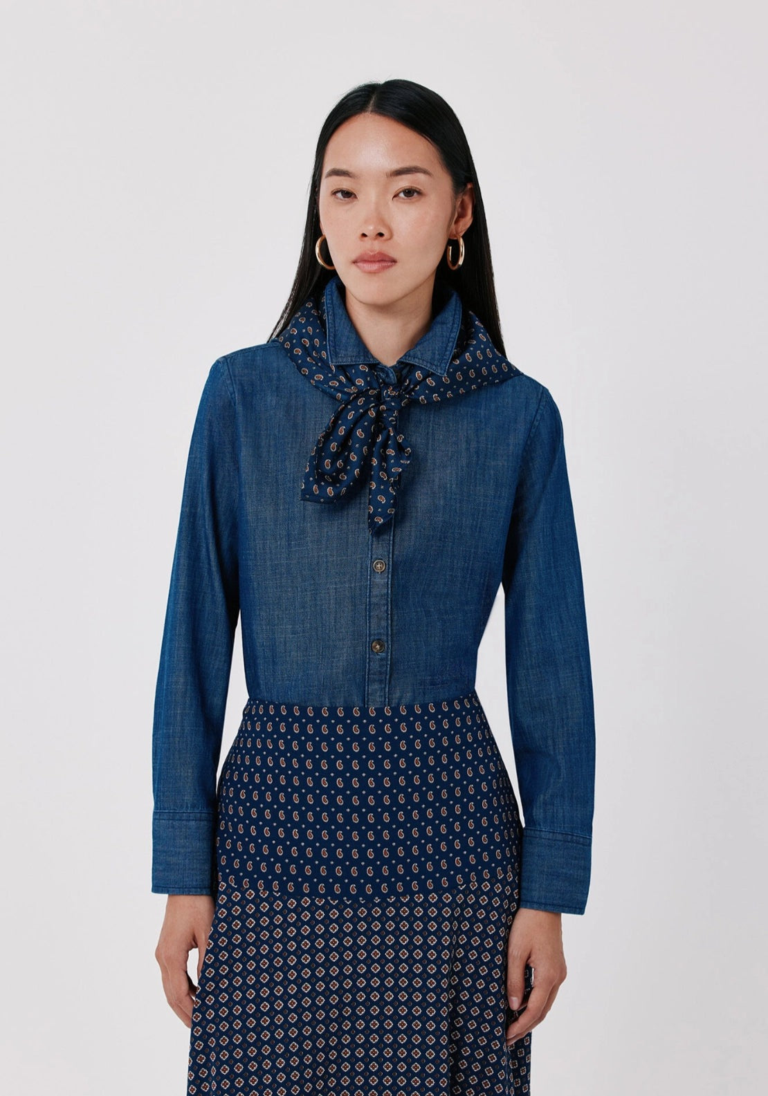 Chambray Style Denim Scarf Blouse - Medium Blue
