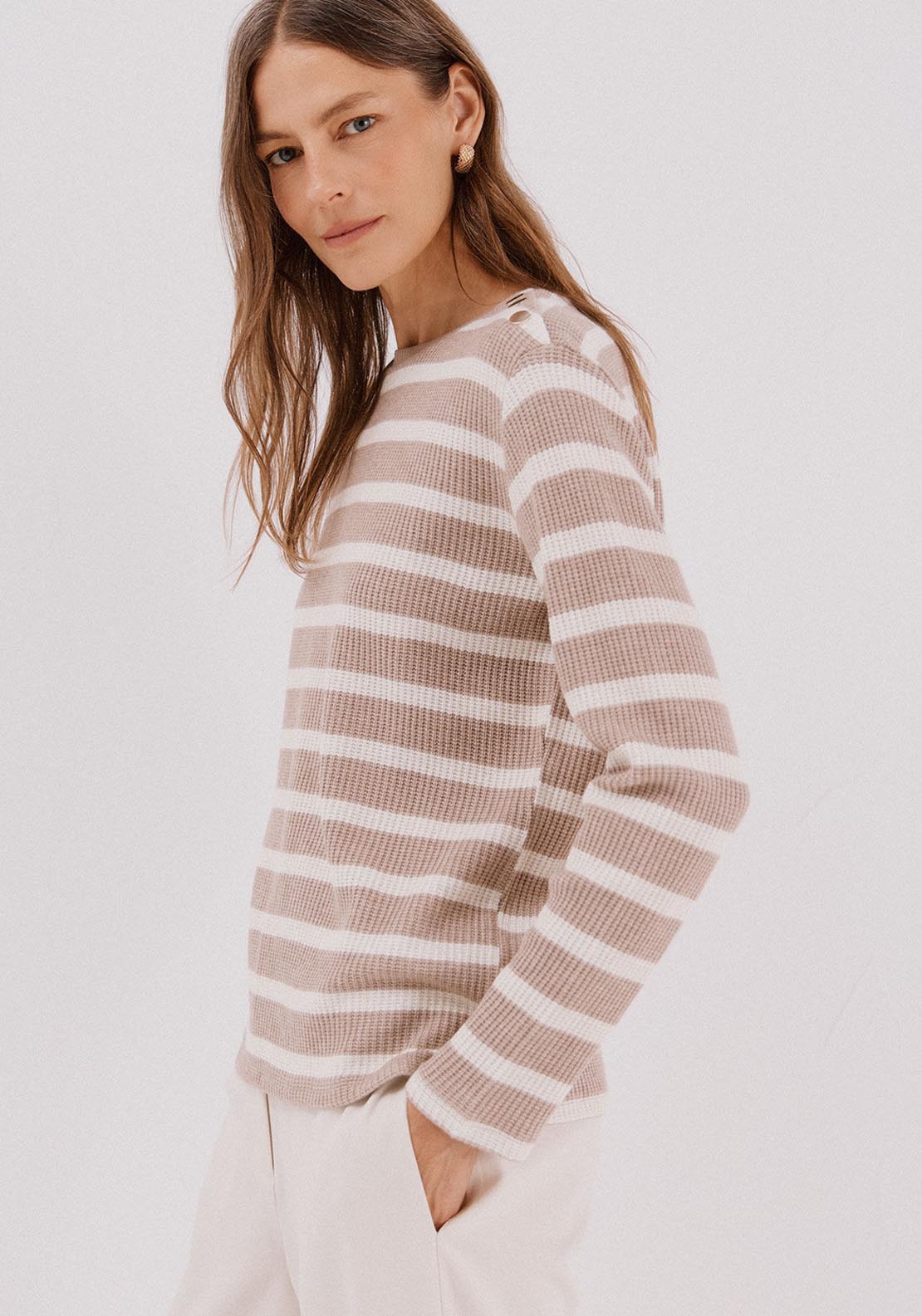 Striped Structured Sweatshirt - Beige