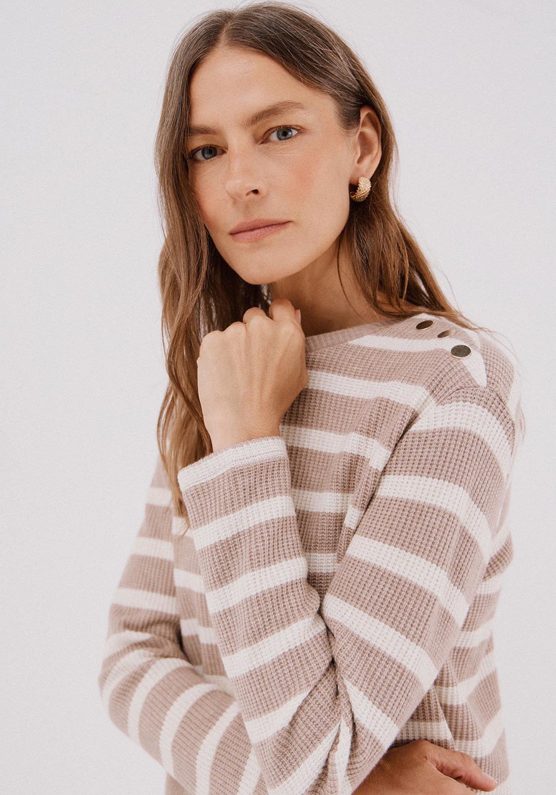 Striped Structured Sweatshirt - Beige