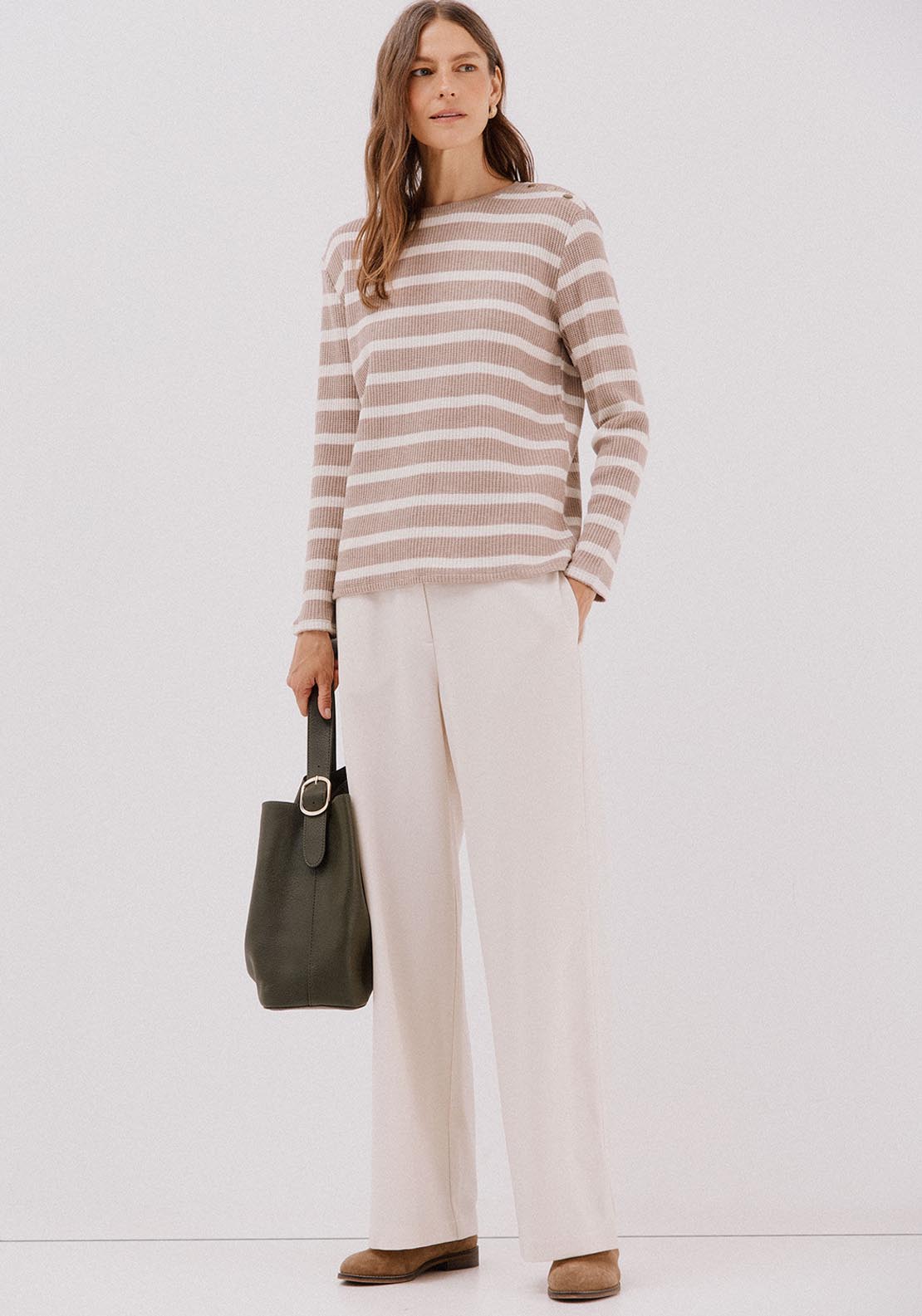 Striped Structured Sweatshirt - Beige