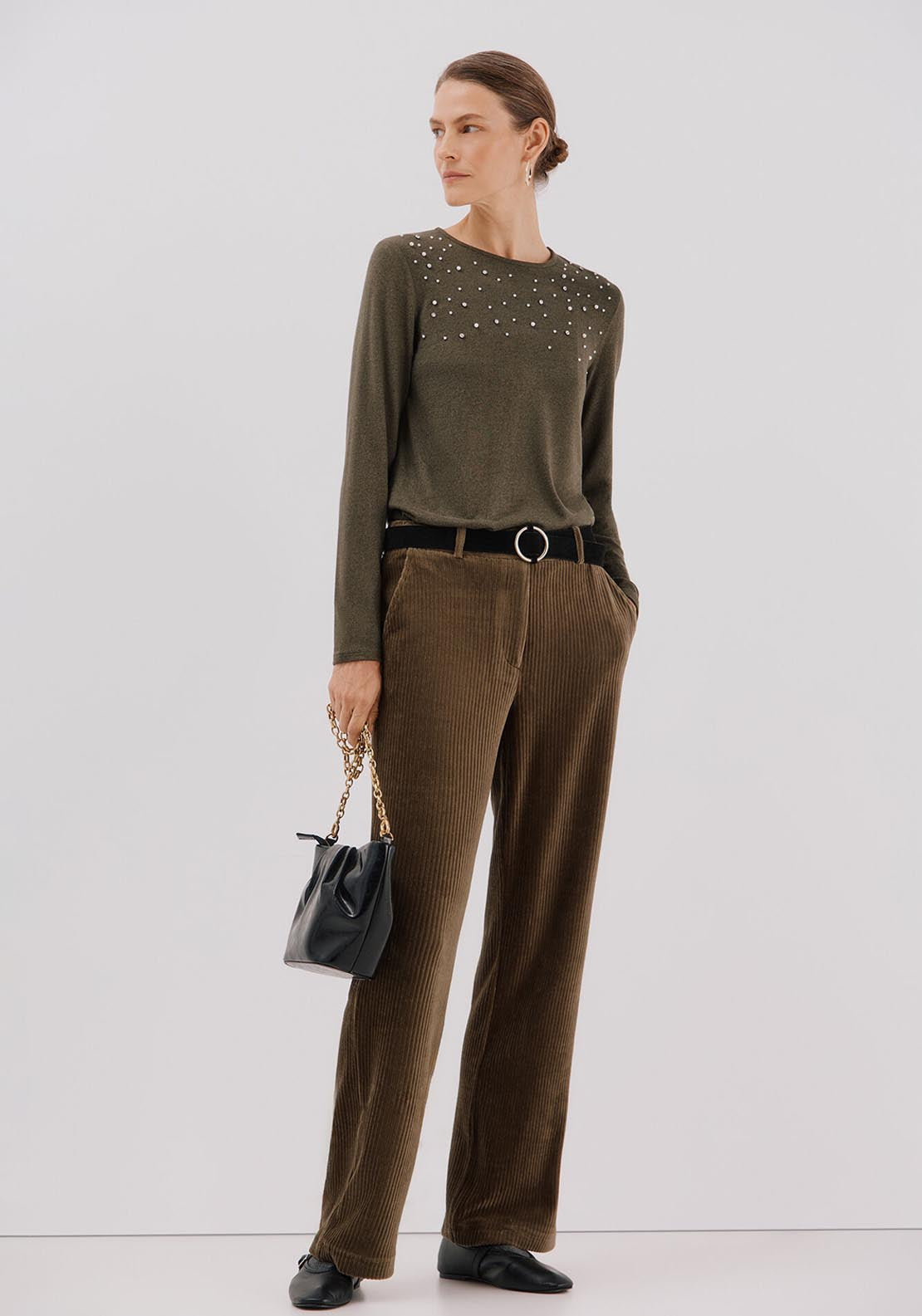 T-Shirt With Pearl &amp; Rhinestone Details - Green