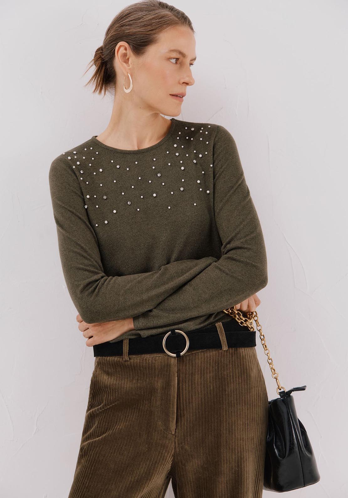 T-Shirt With Pearl &amp; Rhinestone Details - Green