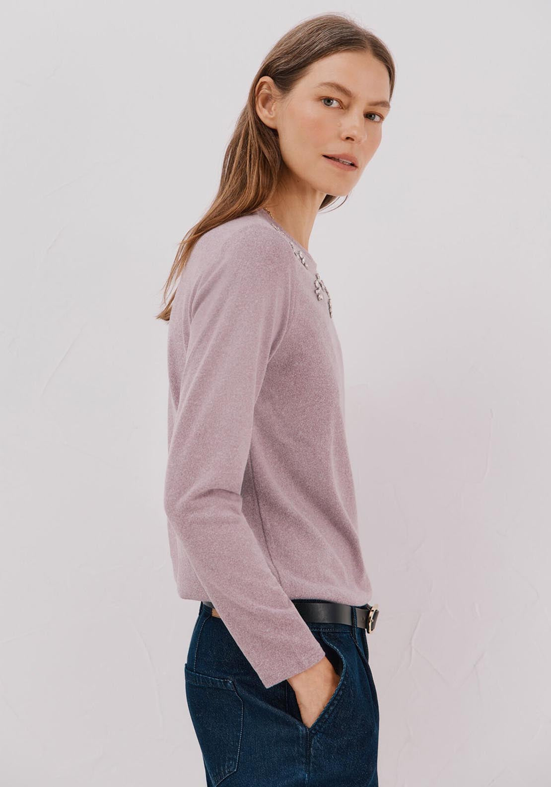 Rhinestone Detail T-Shirt - Purple