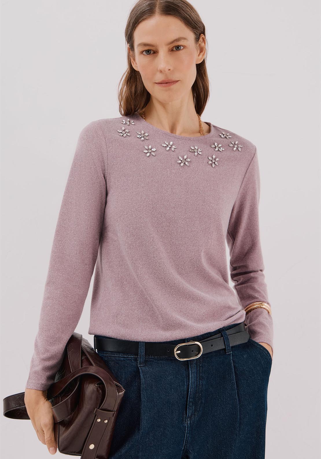 Rhinestone Detail T-Shirt - Purple