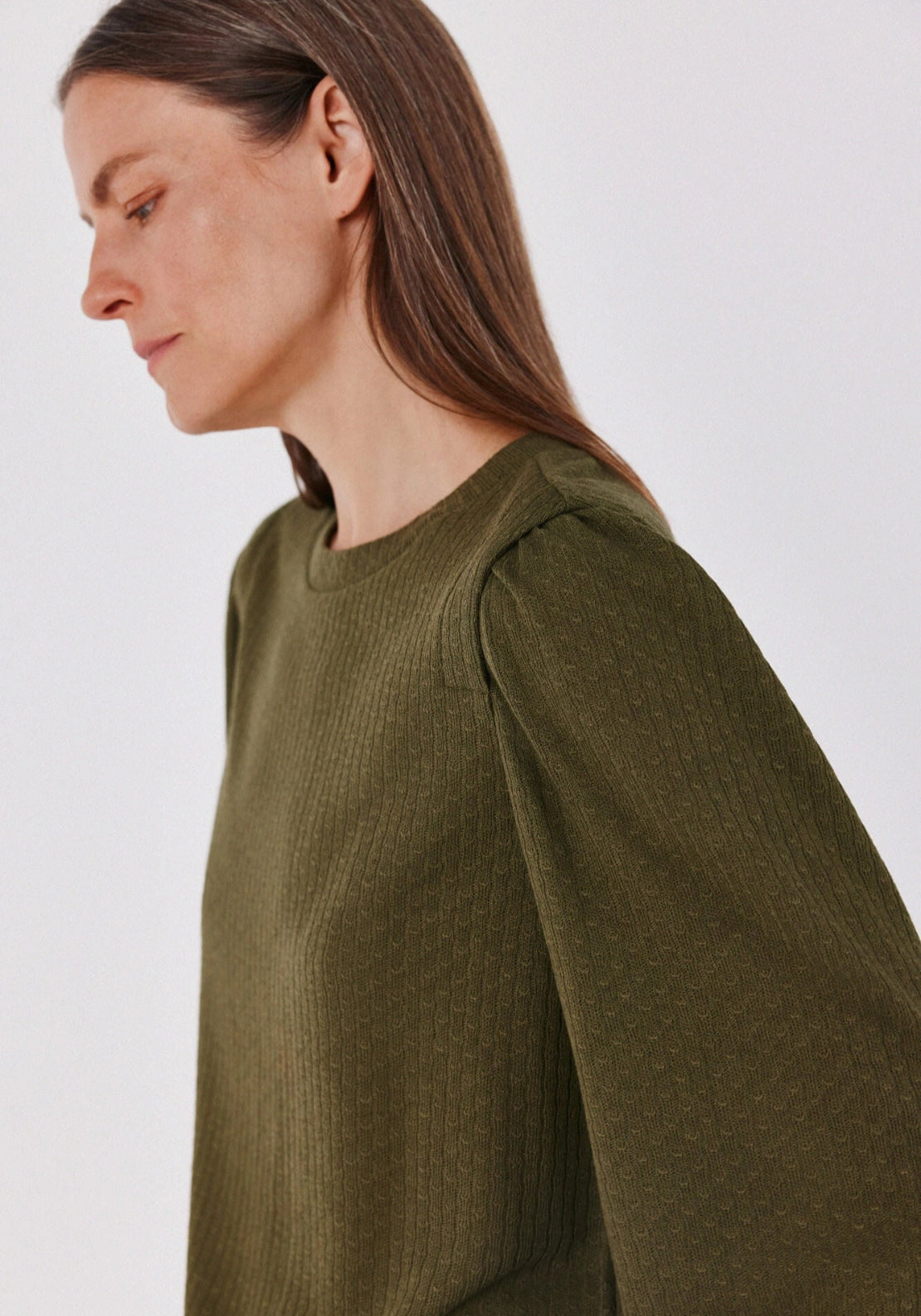 Long Sleeve Pleat Detail Top - Medium Khaki