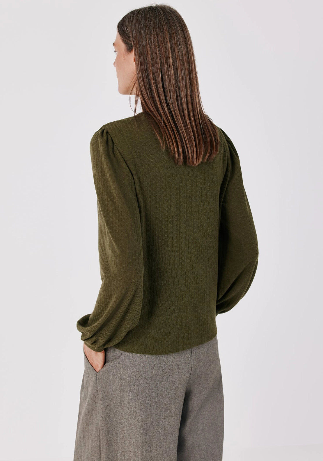 Long Sleeve Pleat Detail Top - Medium Khaki
