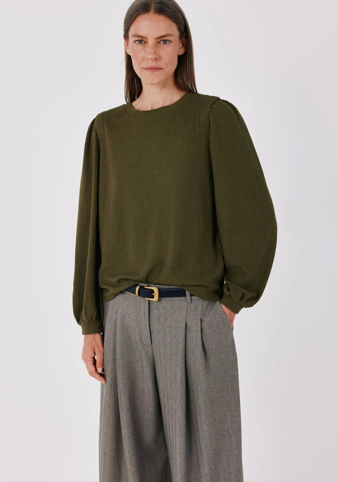 Long Sleeve Pleat Detail Top - Medium Khaki