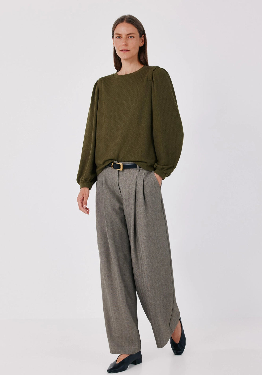 Long Sleeve Pleat Detail Top - Medium Khaki