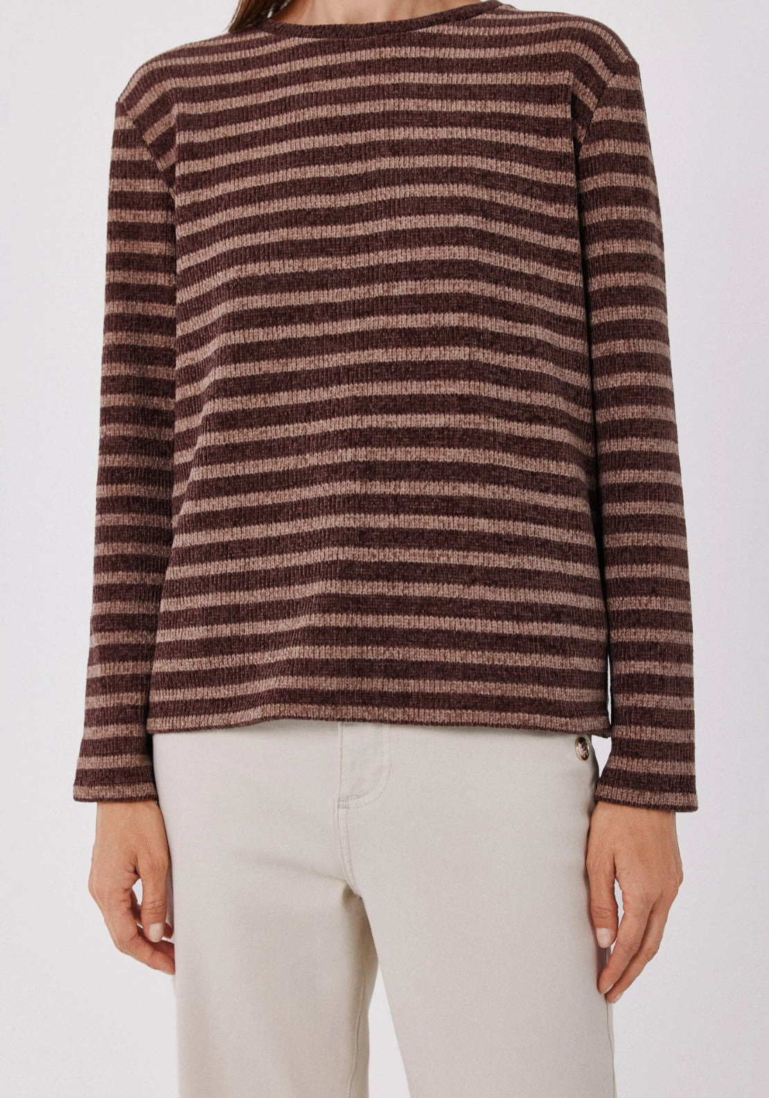 Soft Chenille Crew Neck Top - Brown Print