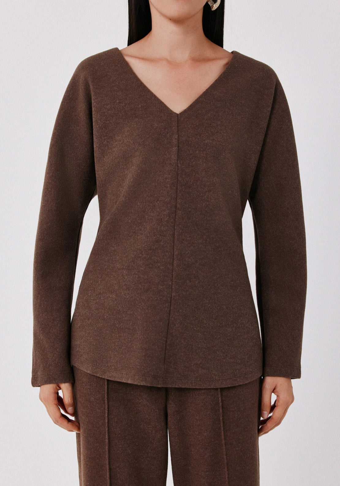 Fitted V Neck Long Sleeve Top - Dark Brown