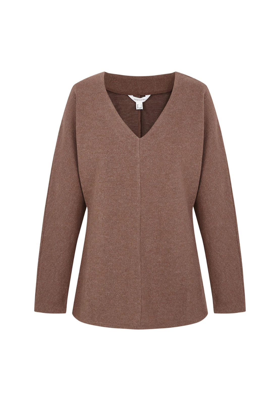 Fitted V Neck Long Sleeve Top - Dark Brown