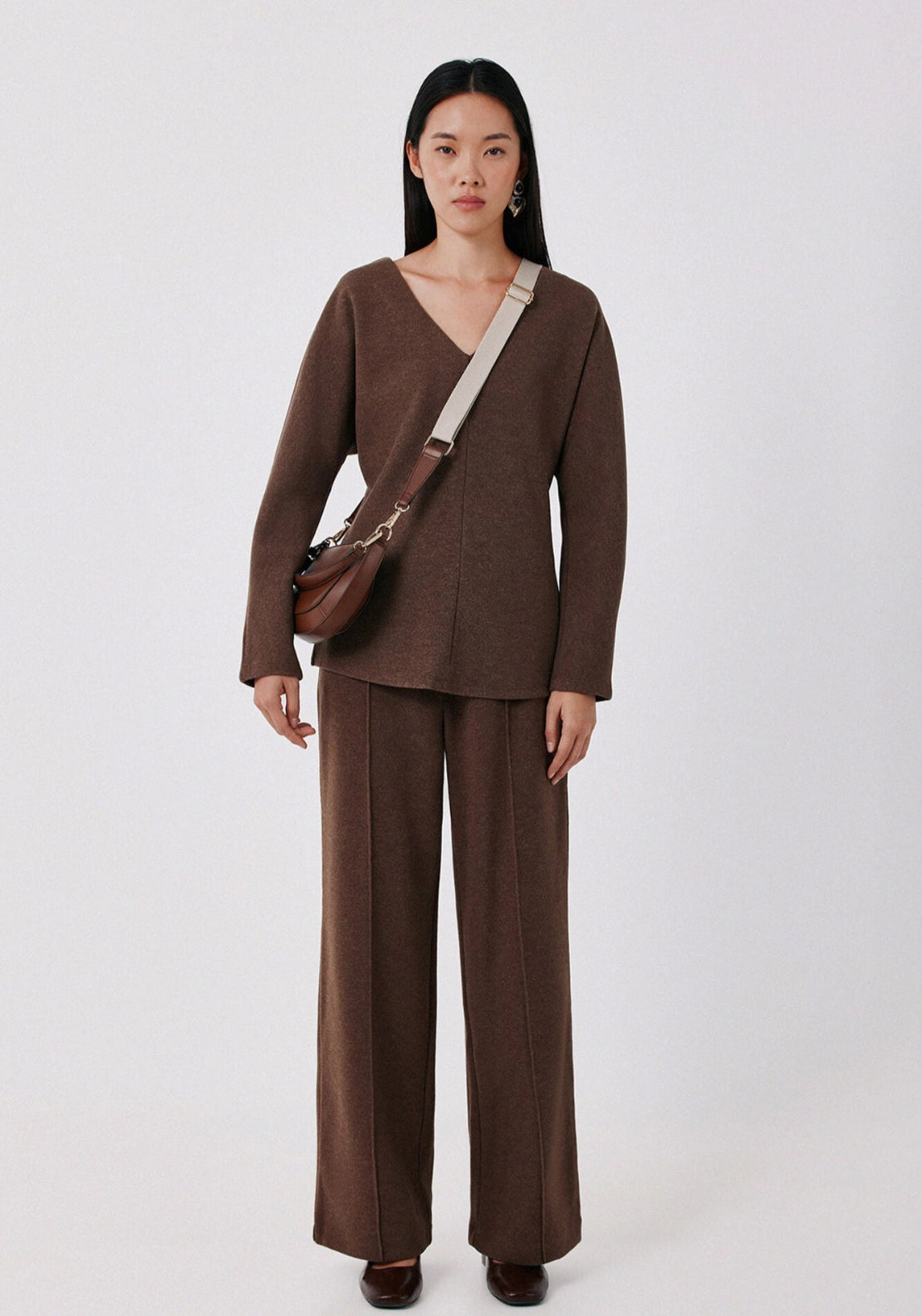 Fitted V Neck Long Sleeve Top - Dark Brown