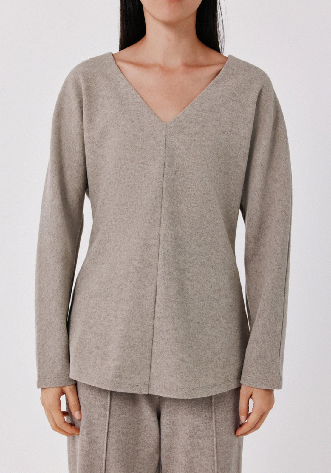 Fitted V Neck Long Sleeve Top - Beige