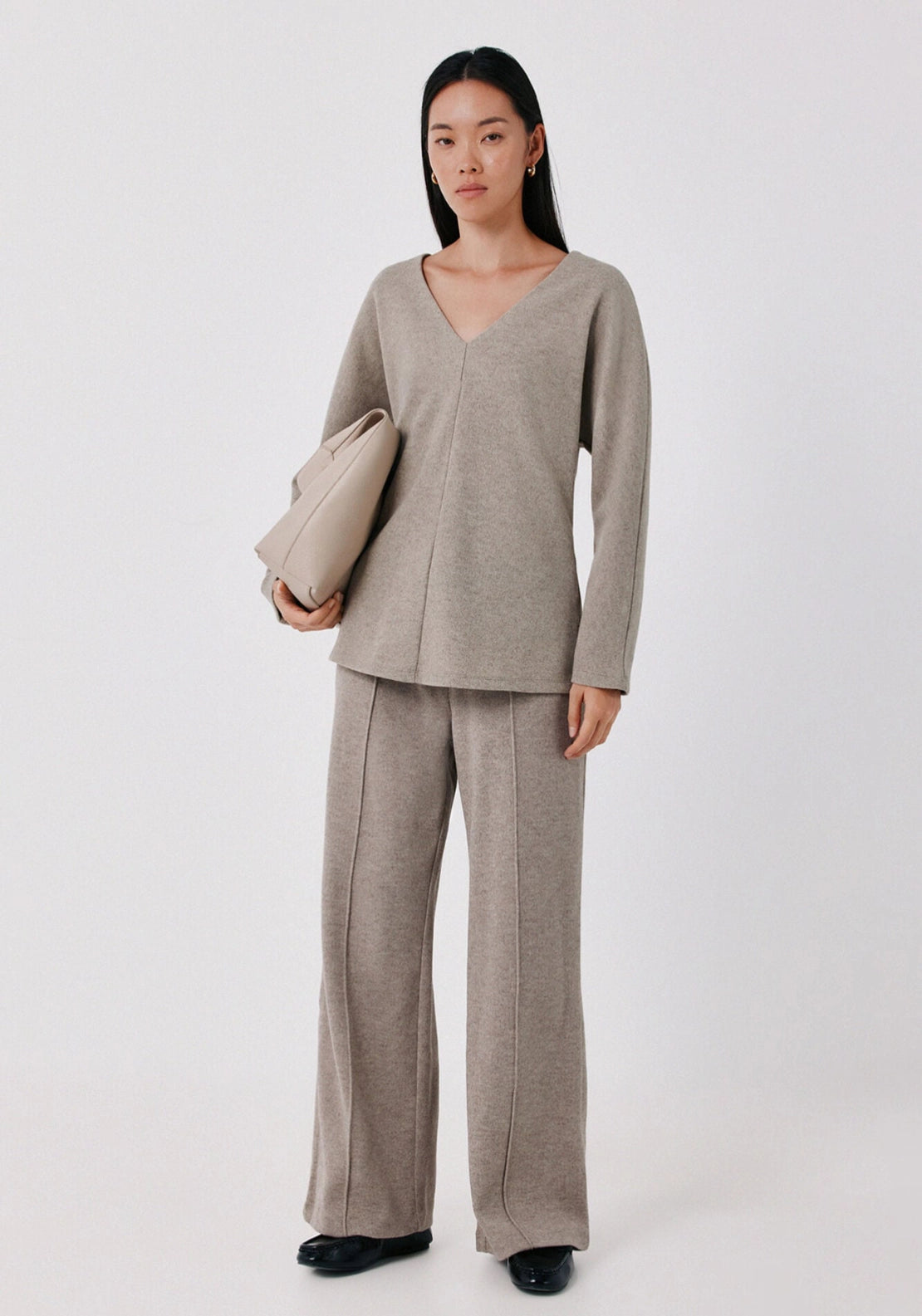 Fitted V Neck Long Sleeve Top - Beige