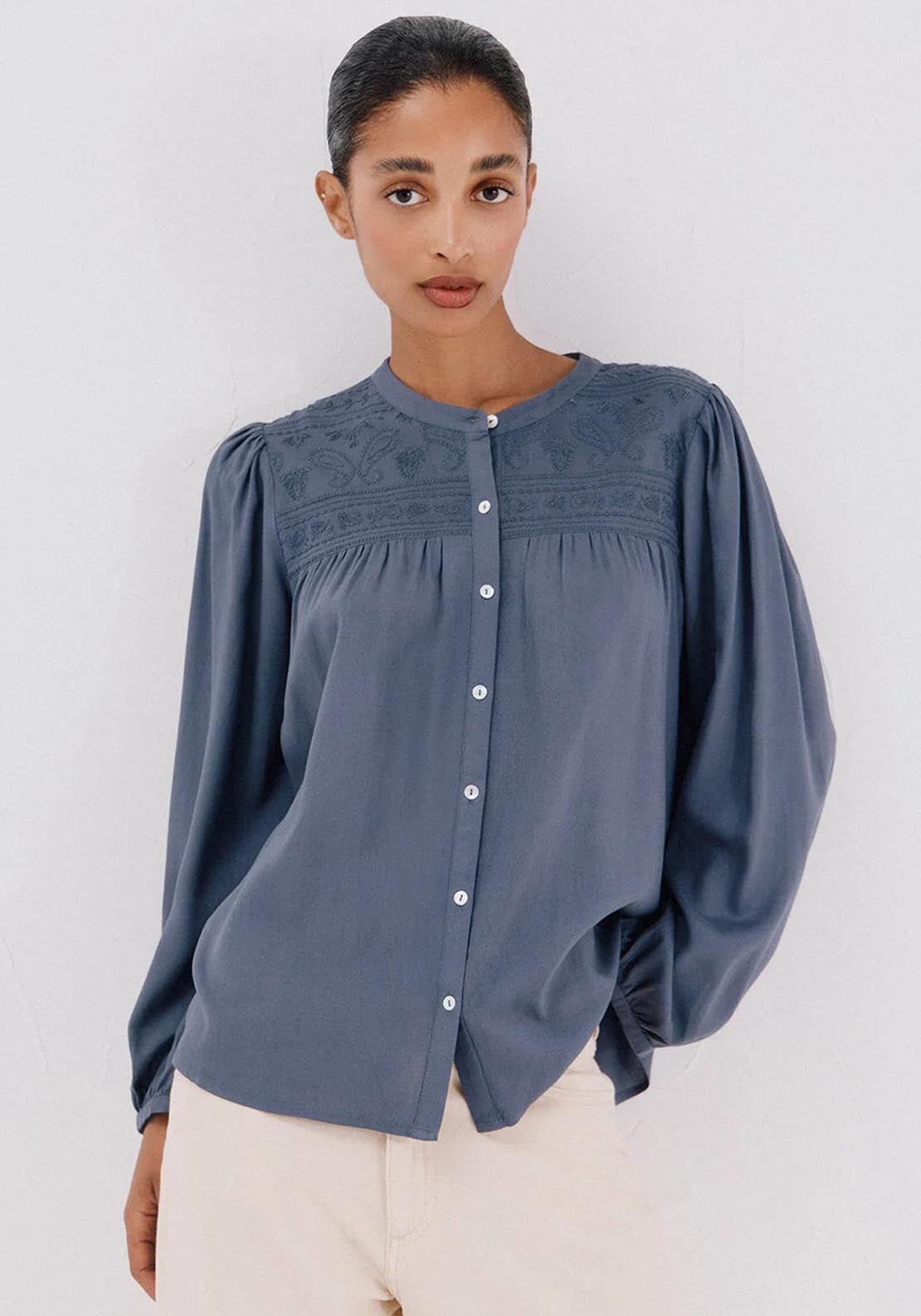 Cortefiel Blouse With Embroidered Detail - Blue 1 Shaws Department Stores