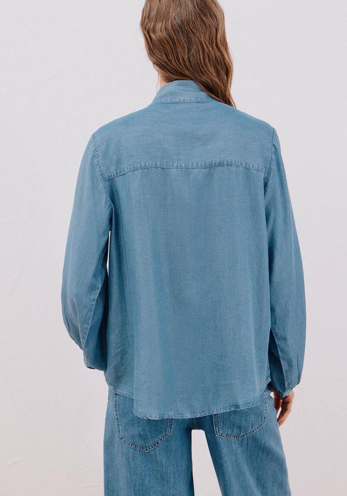 Denim Shirt With Bow Or Tie - Blue