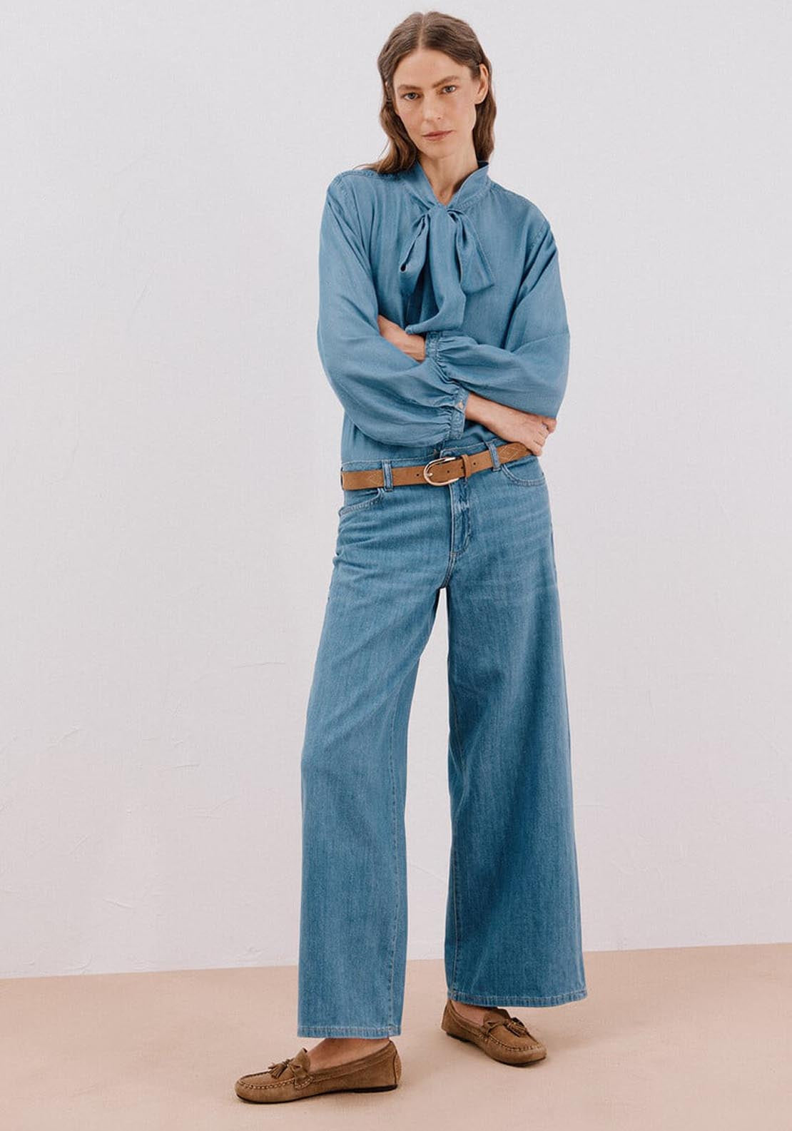 Denim Shirt With Bow Or Tie - Blue