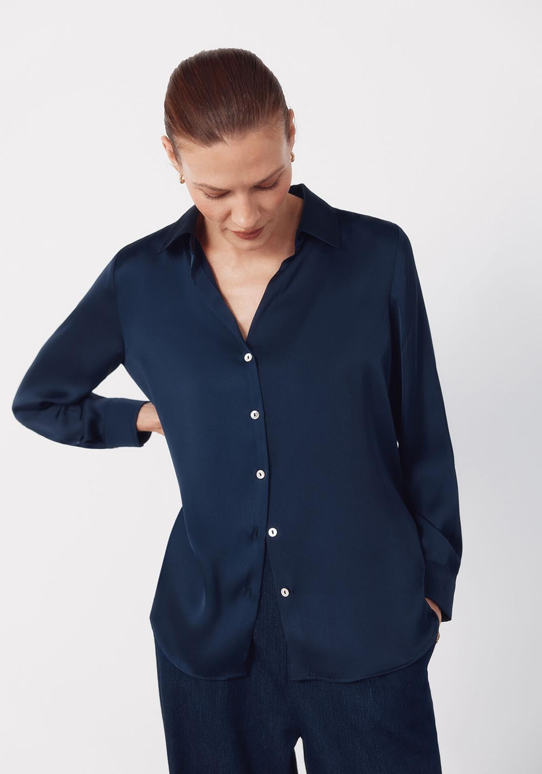 Cortefiel Satin Finish V Neck Shirt - Blue 1 Shaws Department Stores