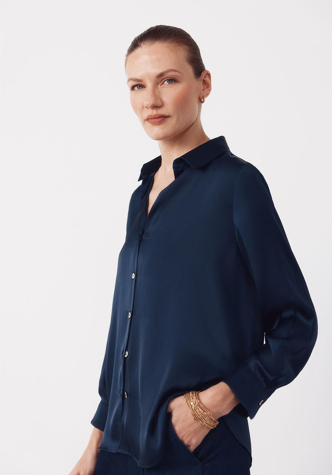 Cortefiel Satin Finish V Neck Shirt - Blue 3 Shaws Department Stores