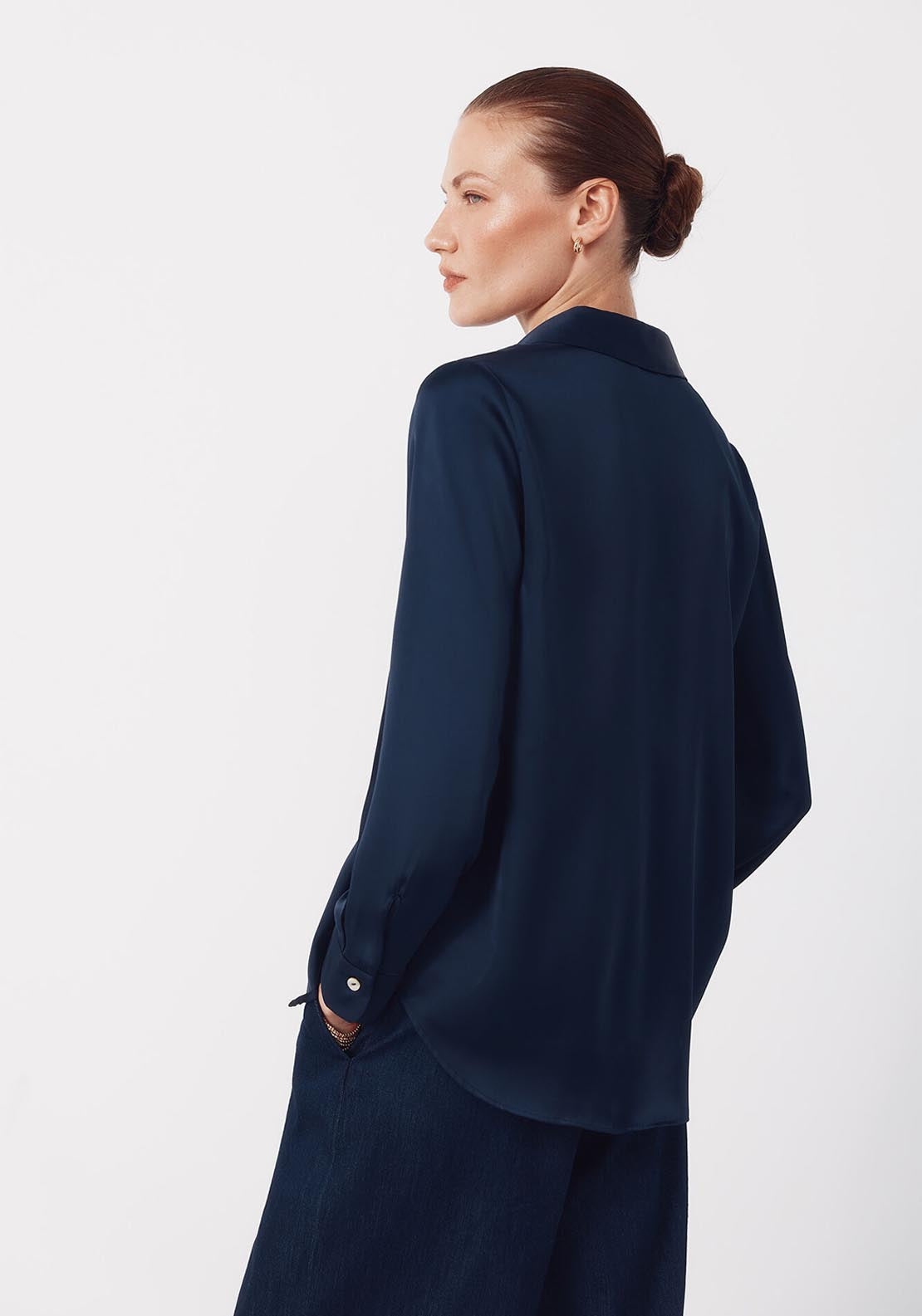 Cortefiel Satin Finish V Neck Shirt - Blue 2 Shaws Department Stores
