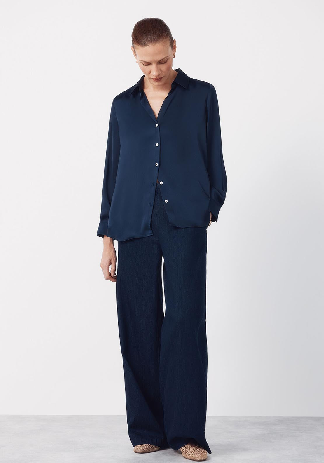 Cortefiel Satin Finish V Neck Shirt - Blue 5 Shaws Department Stores