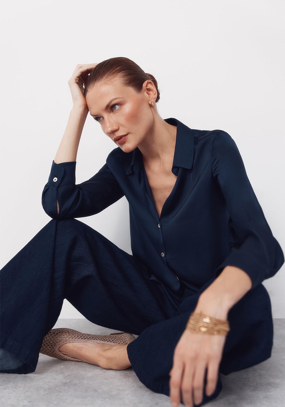 Cortefiel Satin Finish V Neck Shirt - Blue 6 Shaws Department Stores